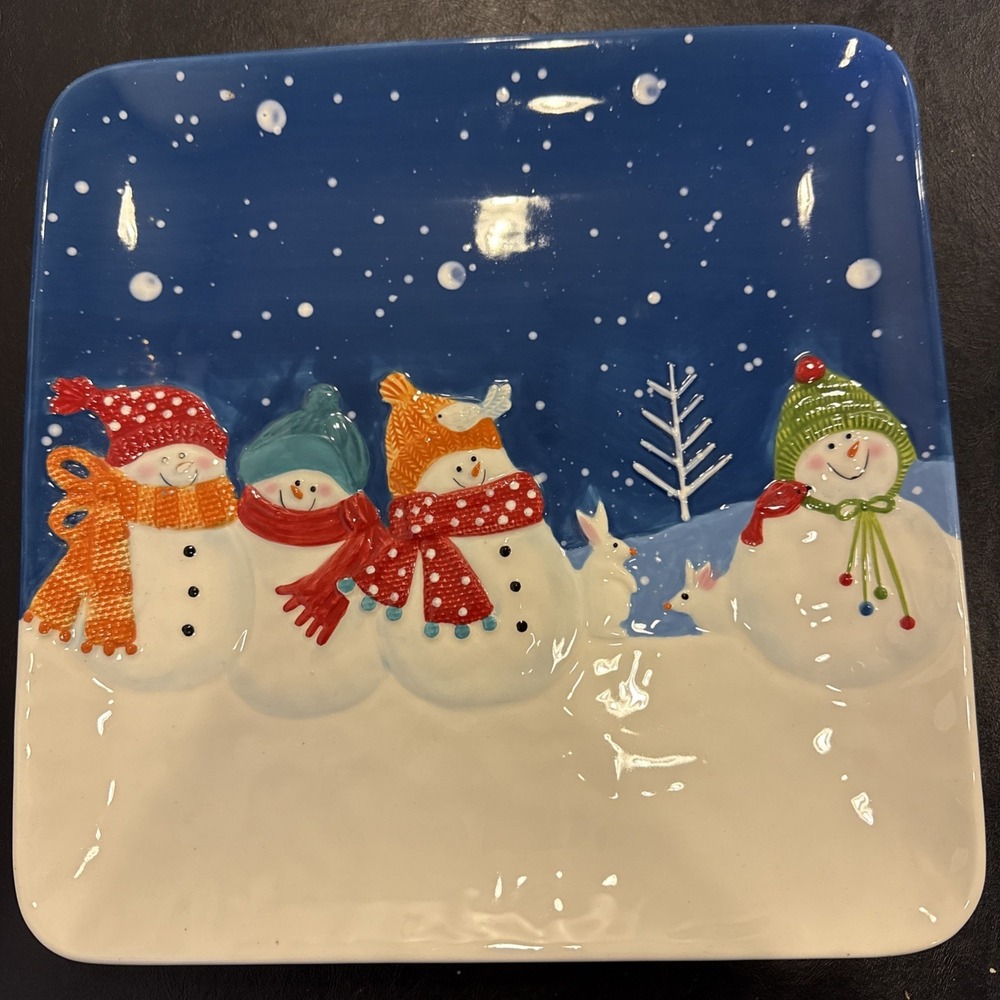St. Nicholas Square Christmas Plate/Platter Snow Days Snowman 11" Square 8 Piece